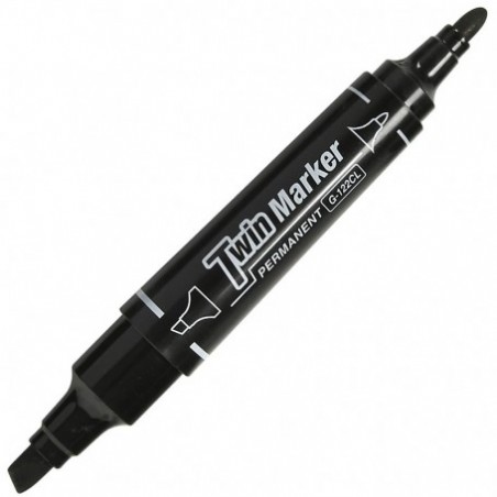 Marker permanent, varf rotund / varf tesit, 2 capete, negru