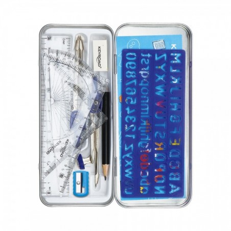 Trusa geometrie Keyroad, 11 piese, cutie metalica albastru