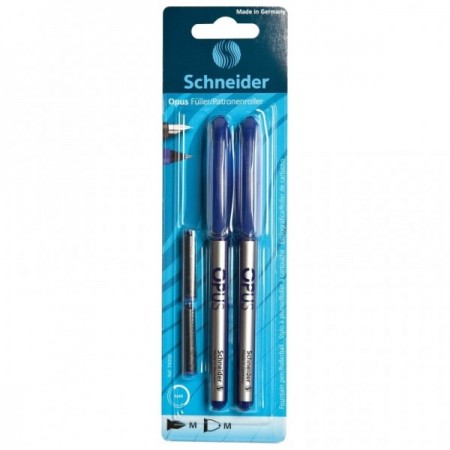 Set Stilou + Roller Schneider Opus 6229-RV, penita iridium M, alimentare rezerve, corp plastic argintiu, blister (+2 rezerve)