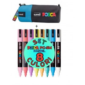 Set penar + 8 marker UNI, varf rotund, 1.8 - 2.5mm, POSCA