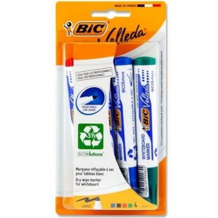 Marker tabla Bic Velleda, varf rotund, 2.5mm, corp gros, set 4 culori (verde, negru, albastru, rosu)