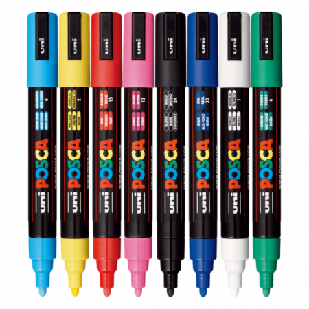 Marker UNI Posca PC-5M, varf rotund, 1.8-2.5mm, set 8 culori