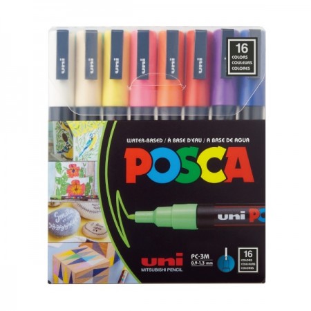 Marker UNI Posca PC-3M, varf rotund, 0.9-1.3mm, set 16 culori