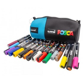 Penar echipat UNI Posca, cilindric, 16 markere (6x5M, 6x3M, 4x1M)