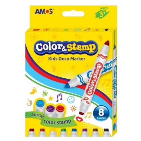 Carioci colorate Amos, 2 capete, 8 culori, cu stampile