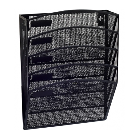 Suport documente Grand, 43.5x30.8x7.8cm, vertical, de perete, 5 compartimente, plasa metalica, negru